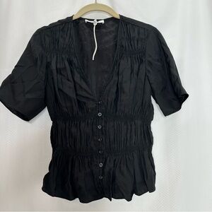 Frame silk blouse black short sleeves size small v neck